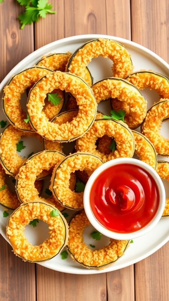 Crispy Parmesan zucchini rings on a plate with marinara sauce for dipping.